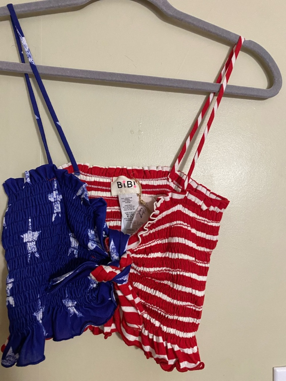 BiBi Red, White & Blue Smocked Tie-Front Crop Top